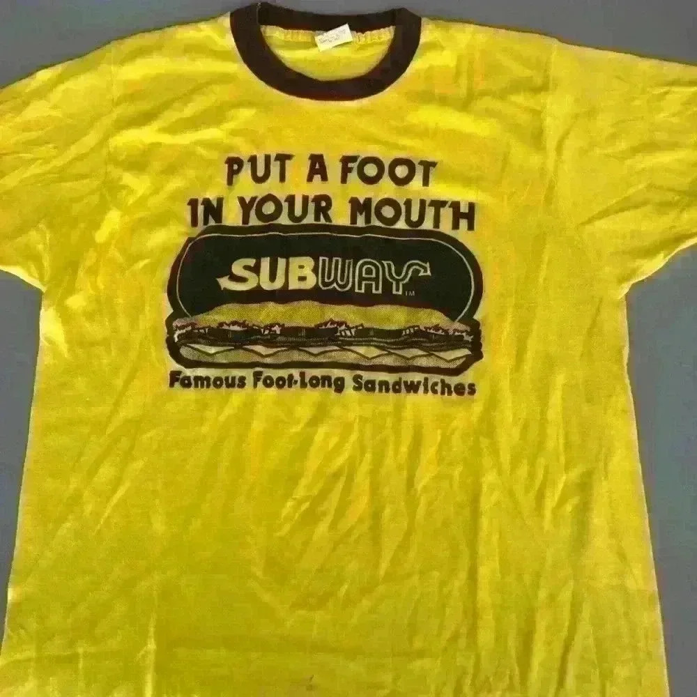 Vintage Subway Put A Foot In Your Mouth Tshirt Size Large Classic Yellow & Brown
